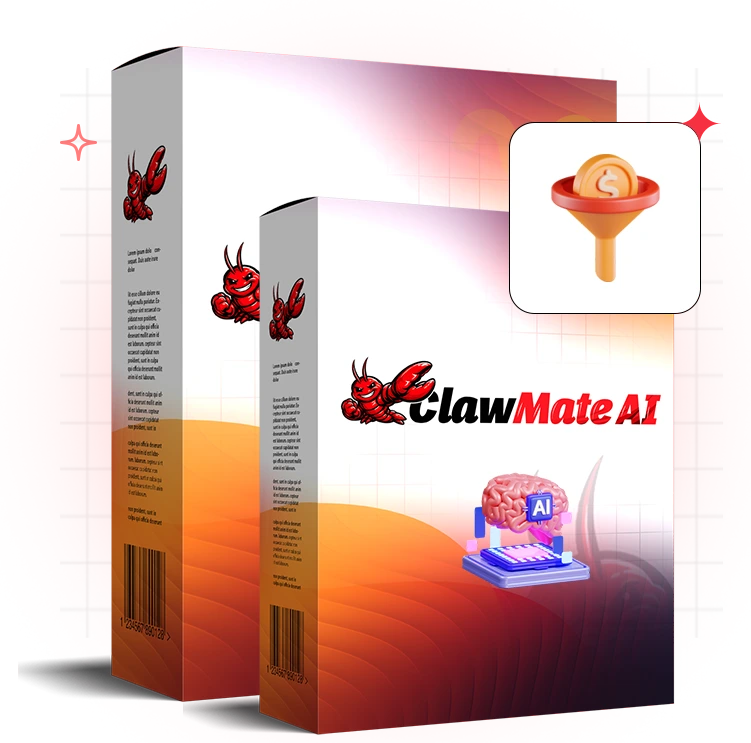 A professional brand graphic for ClawMate AI showing a smiling red lobster mascot ; the image highlights the software's ability to generate 4K videos, Ultra-HD images, and automated workflows with a one-click autonomous business builder.