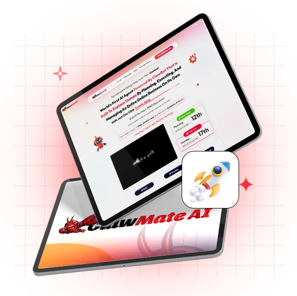 review for ClawMate AI featuring a mascot of a muscular red lobster alongside text promoting the World’s First AI Agent Powered By ClawBot designed to replace humans by planning and managing an entire online business.